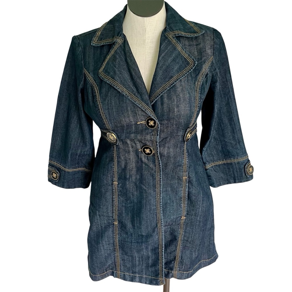 Baccini Vintage 90’s / Y2K Penny Lane Pleated Denim Trench Coat Blazer